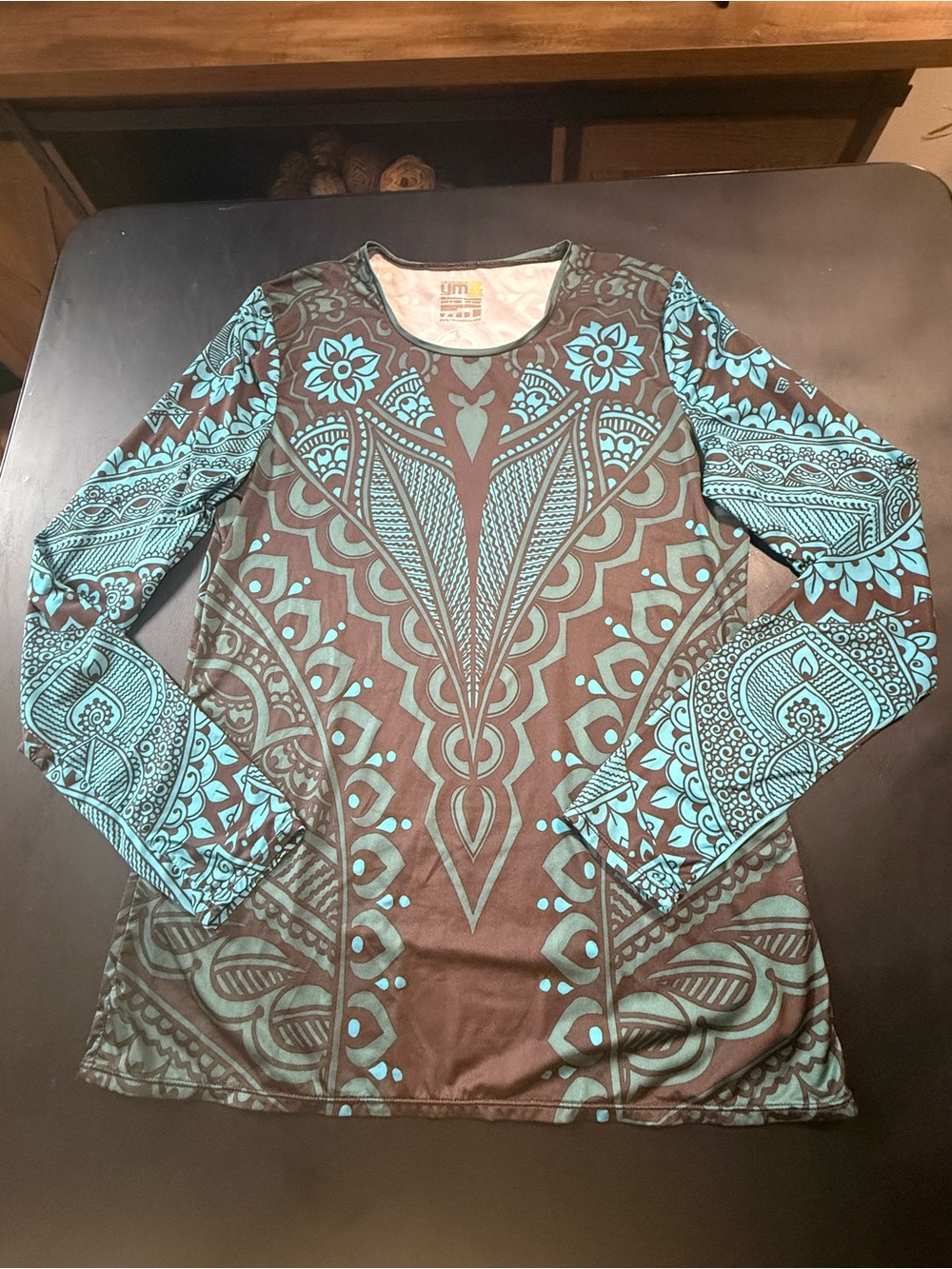 YMX by Yellowman Brown Teal Mandala Tattoo Print Performance Top XL Rare